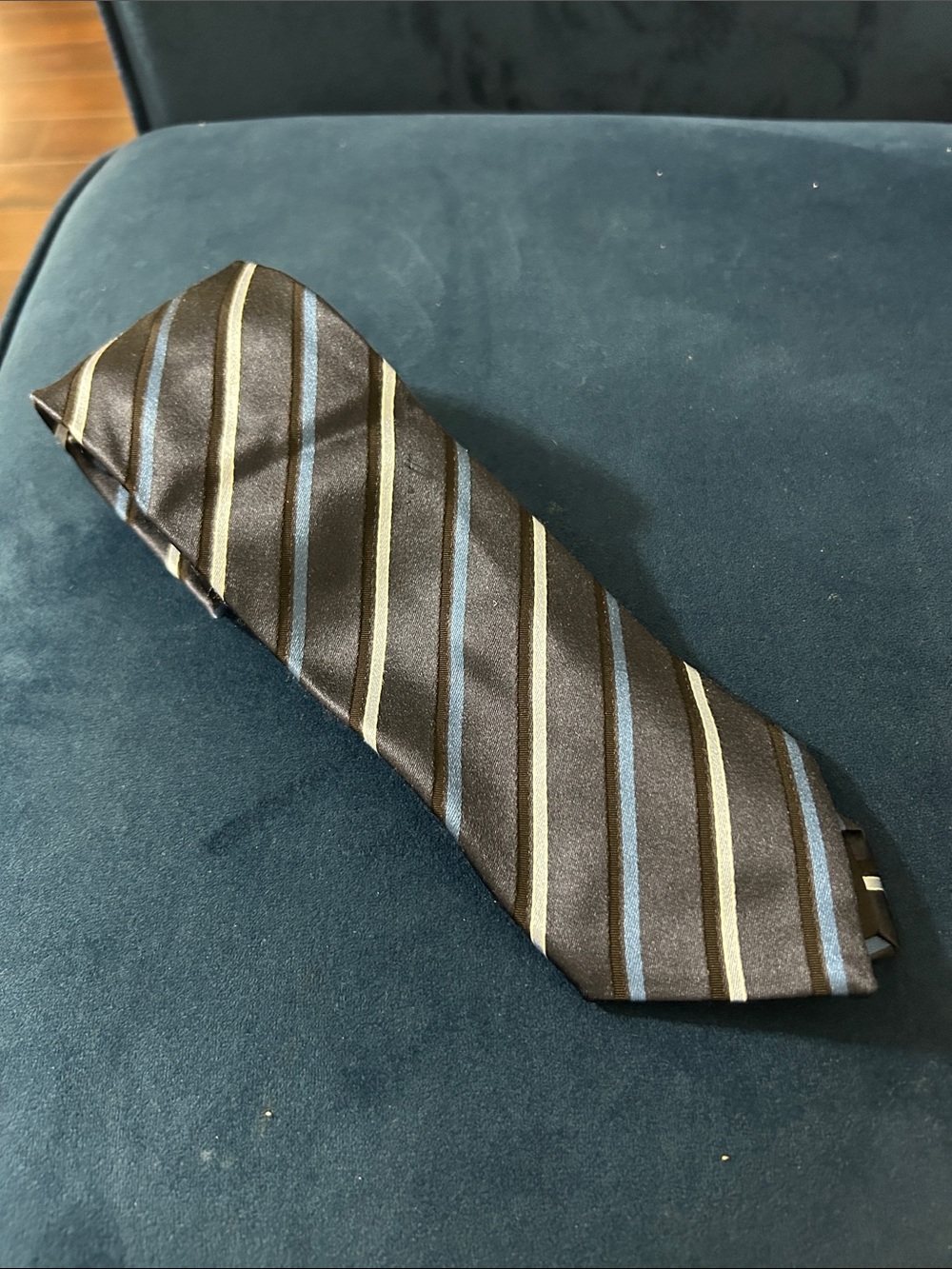 Prada Black Silk Tie with Blue and Gray Stripes - Picture 7 of 8